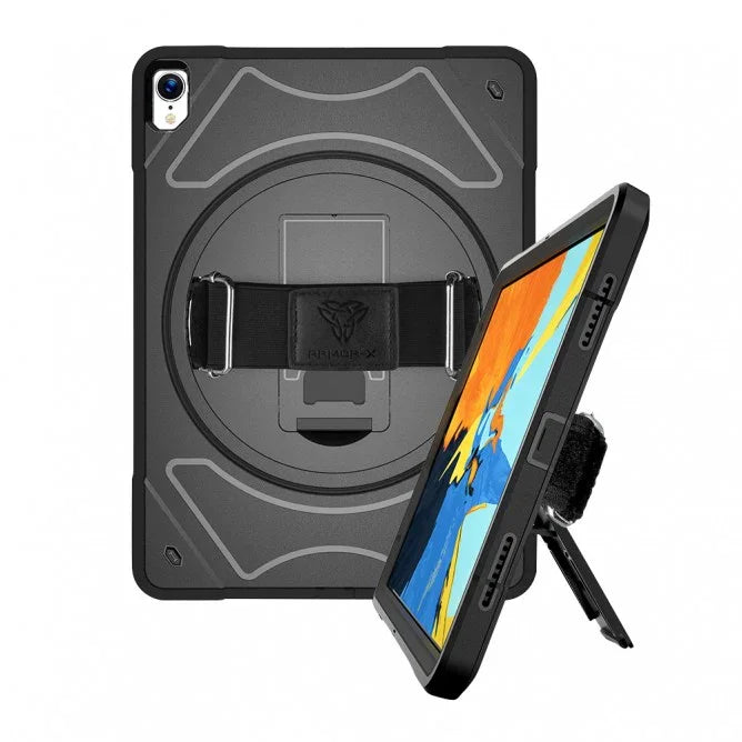 Armor-X Enx Case For iPad Pro 12.9 2020 Ultra 3 Layers Shockproof Rugged Case With Hand Strap & Kick Stand & Pen Holder- Black - Tashqila Armor-X Enx Case For iPad Pro 12.9 2020 Ultra 3 Layers Shockproof Rugged Case With Hand Strap & Kick Stand & Pen Holder- Black - Tashqila